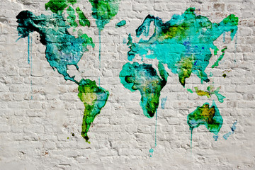  3D Wallpaper design with white grunge brick wall background and world map for mural