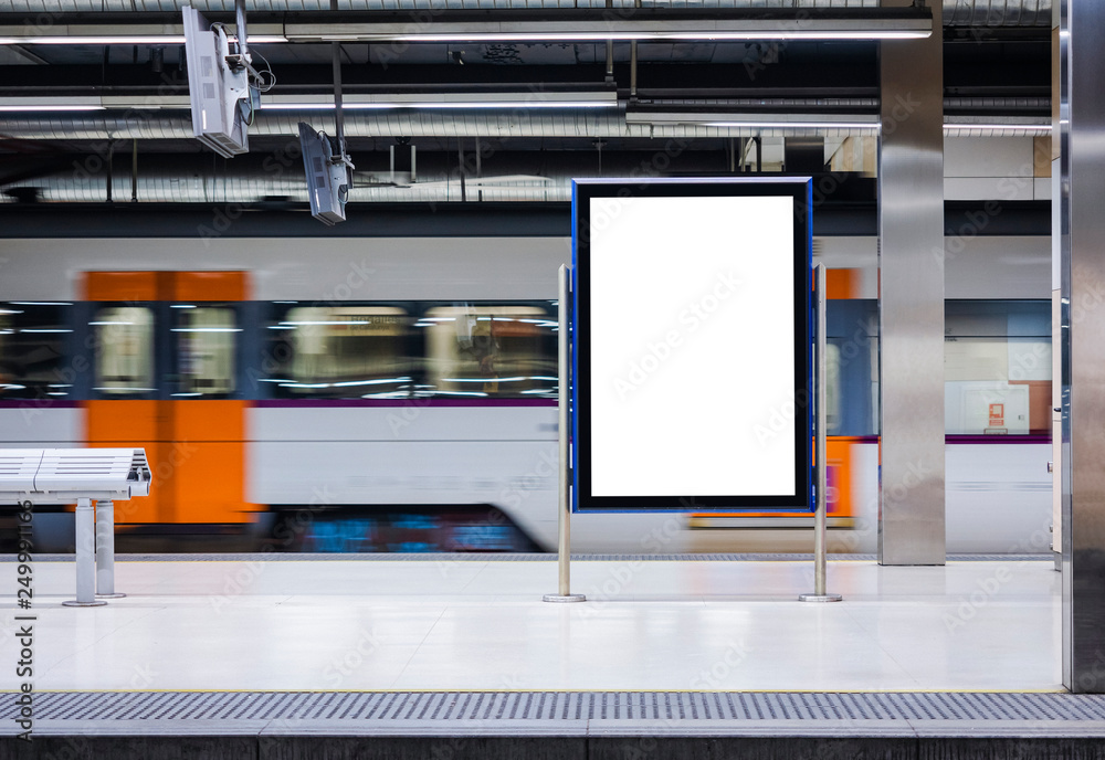 Mock up Board Banner Poster in Subway Train station Blur Train moving background - obrazy, fototapety, plakaty 