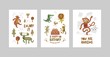 Cards or posters set with cute animals, crocodile, elk, bear, monkey, leopard, lion, dog in cartoon style