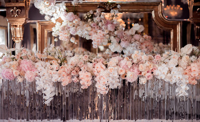 Wall Mural - rustic wedding decorations with flowers and candles. banquet decor. picture with soft focus