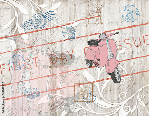 Dekoracja na wymiar  projekt-tapety-3d-z-zabytkowym-motocyklem-i-znaczkami-do-wydrukowania-muralu