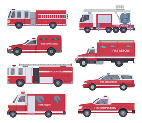 Poster - Fire engine. Collection with red emergency department lighting service van helicopter vector vehicles. Illustration of emergency firetruck with siren