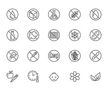 Natural Food Flat Line Icons Set. Sugar, Gluten Free, No Trans Fats, Salt, Egg, Nuts, Vegan Vector Illustrations. Thin Signs For Packaging, Expiration Date. Pixel Perfect 64x64. Editable Strokes