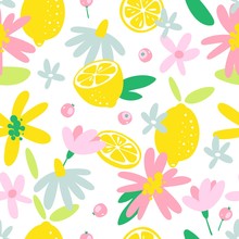 Summer Fruit Seamless Pattern In Hand Drawn Style. Vector Fabric Design With Lemons And Flowers.