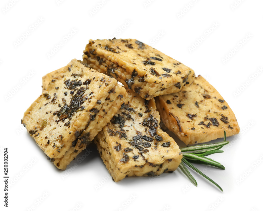 Tasty tofu cheese on white background