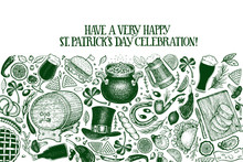 St. Patricks Day Design Template. Vector Hand Drawn Illustrations. Irish Vintage Background. Can Be Use For Menu Cover Or Packaging.