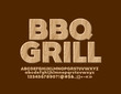 Vector eco banner BBQ Grill with Wooden Font. Tree textured Alphabet Letters, Numbers and Symbols 