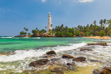 White Lighthouse Dondra Head And Tropical Palms, Sri Lanka, Near Matara.