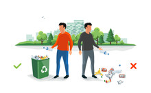 Correct And Wrong Littering Waste. Person Disposed Improperly Throwing Away Garbage On The Ground. Trash Rubbish Is Fallen On The Street Ground. Isolated Cartoon Illustration On White Background.