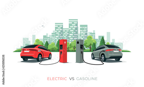 Electric Versus Gasoline Car Suv Charging At Charger Electric Versus Gasoline Car Suv Charging At Charger Station Vs Fossil