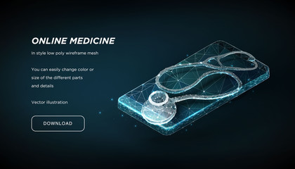 Poster - Stethoscope on a smartphone of the low poly wireframe on dark background.Concept of Online Medicine. Online help or consultation. Plexus lines and points in the constellation.Vector particles 
