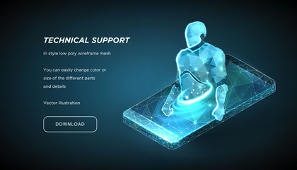 Poster - Robot of the low poly wireframe on dark background.Concept of online help or consultation. Chat bot. Education online.Plexus lines and points in the constellation.Polygonal particles.Vector 3d