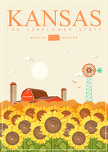 Kansas Is A US State. Vector Concept Of Tourist Postcard And Souvenir. Beautiful Places Of The United States Of America On Posters.