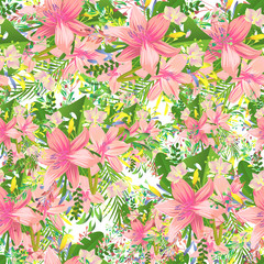 Beautiful cute liliya pattern. Different detail design with tropic monstera and foliage