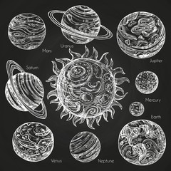 Sticker - sketch of planets of solar system on blackboard. vector planets and sun, universe space system illus