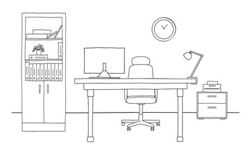 Fototapete - Sketch the room. Office chair, desk, various objects on the table. Sketch workspace. Vector