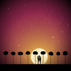 Sticker - Lovers between trees on moonlit night. Vector illustration with silhouette of loving couple in park. Northern lights in starry sky. Full moon in starry sky.
