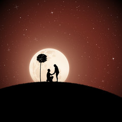 Sticker - Lovers under tree on moonlit night. Romantic marriage proposal. Vector illustration with silhouette of loving couple in park. Full moon in starry sky