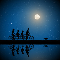 Sticker - Family on bike tandem on moonlit night. Active rest of parents with children in park. Vector illustration with silhouettes of cyclists on bicycle and running dog. Full moon in starry sky