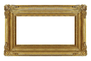 Panoramic golden frame for paintings, mirrors or photo isolated on white background