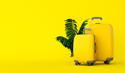 Yellow travel suitcase with tropical palm tree leaves. 3D Rendering