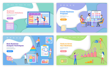 Poster - analysis techniques and business growth tools, software solutions and proposal vector. peoples with 