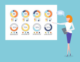 Poster - businesswoman presenting business solution vector. board with infocgarts pir diagrams with colored s