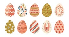 Collection Of Decorated Easter Eggs Isolated On White Background. Bundle Of Symbols Of Religious Holiday Covered With Different Ornaments - Flowers, Stripes, Dots. Seasonal Flat Vector Illustration.