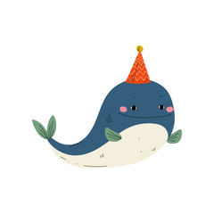 Sticker - Cute Whale Wearing Party Hat, Lovely Animal Character for Happy Birthday Design Vector Illustration