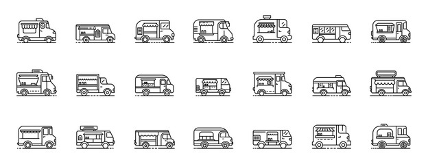Poster - Food truck icons set. Outline set of food truck vector icons for web design isolated on white background