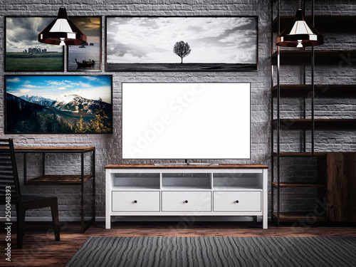 Tv Uhd Oled Blank Screen Loft Interior Room Stylish Concept
