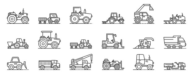 Wall Mural - Agricultural machines icons set. Outline set of agricultural machines vector icons for web design isolated on white background