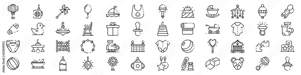 Baby items icons set. Outline set of baby items vector icons for web design isolated on white background - obrazy, fototapety, plakaty 