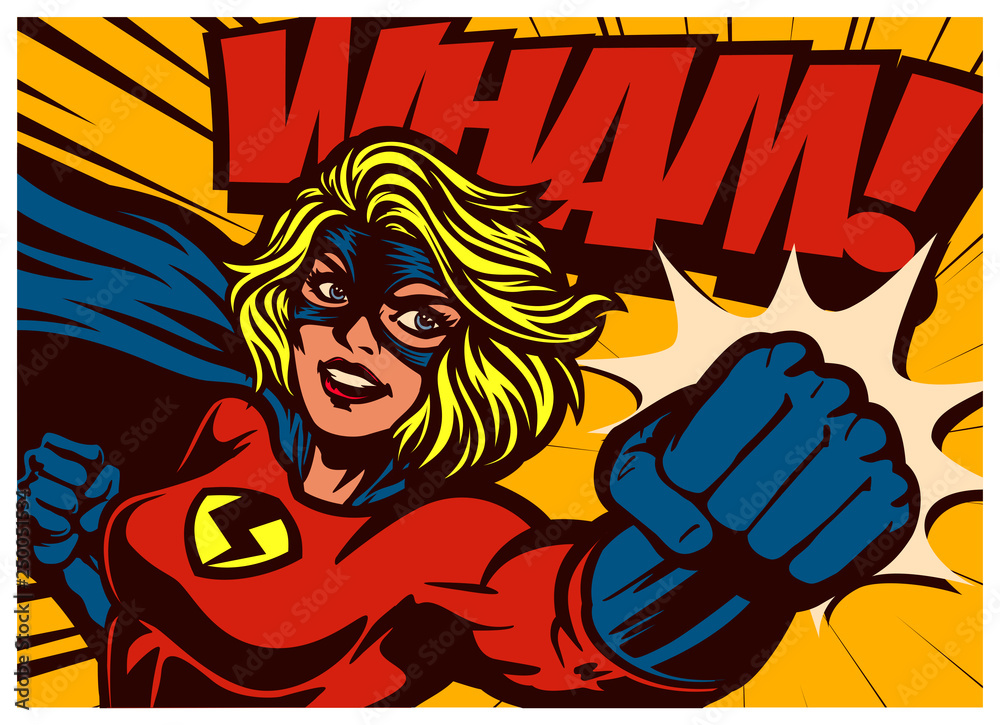 Pop art comic book style super heroine punching with female superhero costume poster design wall decoration illustration - obrazy, fototapety, plakaty 