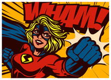 Pop Art Comic Book Style Super Heroine Punching With Female Superhero Costume Poster Design Wall Decoration Illustration