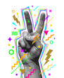 © sergo77 - Peace hand sign. Engraved style hand and multicolored abstract elements. Vector illustration.