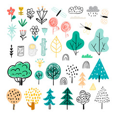 Vector set of children's drawings - cute forest and plants. Doodle style. Ideal for childs decoration. Forest set