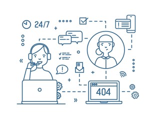 Poster - Female consultant wearing headphones with microphone answering clients' questions drawn with outlines on white background. 24 hour technical support. Monochrome vector illustration in linear style.