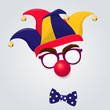 Jester hat with clown glasses and red nose
