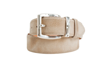 Light brown suede leather belt with big chrome buckle on white background