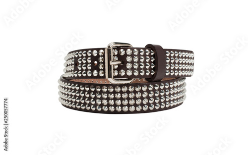 Fotomural Brown leather belt with silver rivets on white background