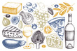 © sketched-graphics - Mediterranean food and drinks sketches. Hand drawn restaurant illustrations. Vintage cheese, fruits, vegetables, wine drawings. Dairy products collection on white background.
