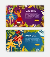 Aufkleber - Mardi Gras web banner templates with women dancers wearing carnival costumes and man playing on drums. Festive vector illustration for parade, masquerade ball, festival, party or event announcement.