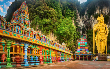 colorful stairs of batu caves, malaysia. panorama