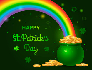 festive green banner or St. Patrick's Day greeting card. Traditional symbols are a pot of gold coins, a rainbow and clover leaves.