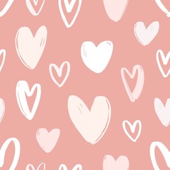 Aufkleber - Seamless pattern with hand drawn hearts on pink background. Decorative backdrop with love, passion and dating symbols. Valentine's day vector illustration for wrapping paper, textile print, wallpaper.