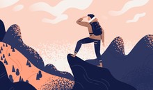 Man With Backpack, Traveller Or Explorer Standing On Top Of Mountain Or Cliff And Looking On Valley. Concept Of Discovery, Exploration, Hiking, Adventure Tourism And Travel. Flat Vector Illustration.