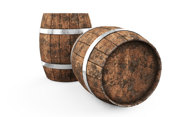 wooden barrel with iron hoops isolated on white background. 3d rendering. old barrel with rust on th