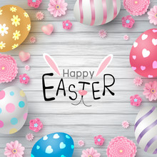 Easter Day Design Of Eggs And Flowers On White Wood Texture Background Vector Illustration