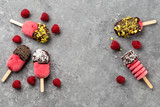 Fototapeta Desenie - Vegan raspberry popsicles. Summer food concept with copy space for text. 